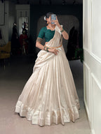 Lorenvalley Fashion White Poly Tasar Viscose Border Lehenga Choli with Dupatta