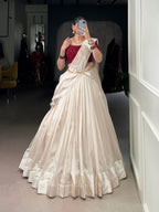 Lorenvalley Fashion White Poly Tasar Viscose Border Lehenga Choli with Dupatta
