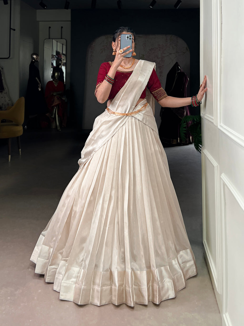 Lorenvalley Fashion White Poly Tasar Viscose Border Lehenga Choli with Dupatta