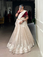 Lorenvalley Fashion White Poly Tasar Viscose Border Lehenga Choli with Dupatta