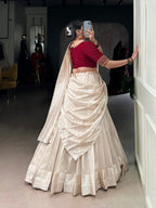 Lorenvalley Fashion White Poly Tasar Viscose Border Lehenga Choli with Dupatta