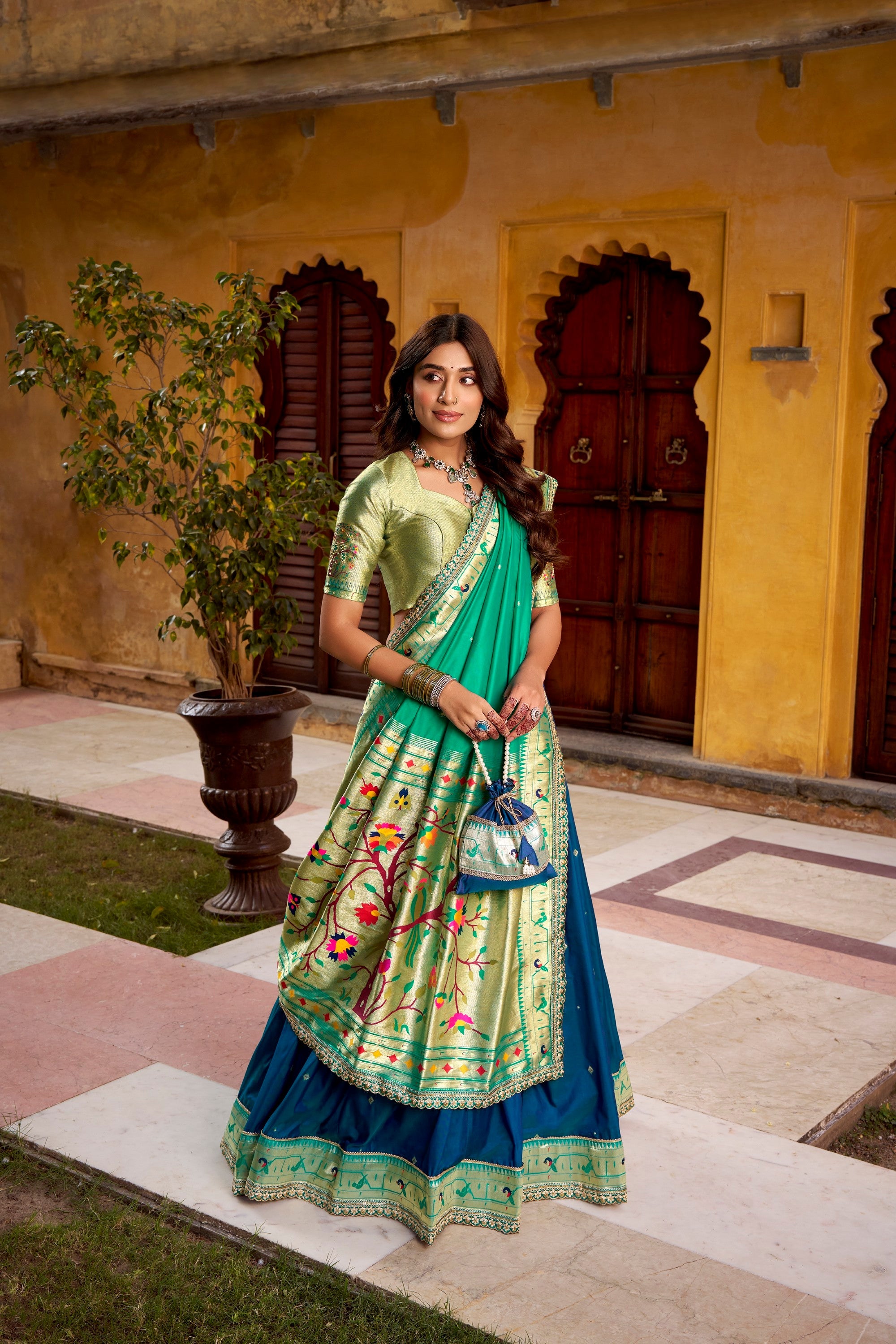 Lorenvalley Fashion Navy Blue Soft Silk Paithani Zari Weaving Work With Sequins and Thread Embroidery Scallop Lace Border Lehenga Choli with Dupatta - Distacart