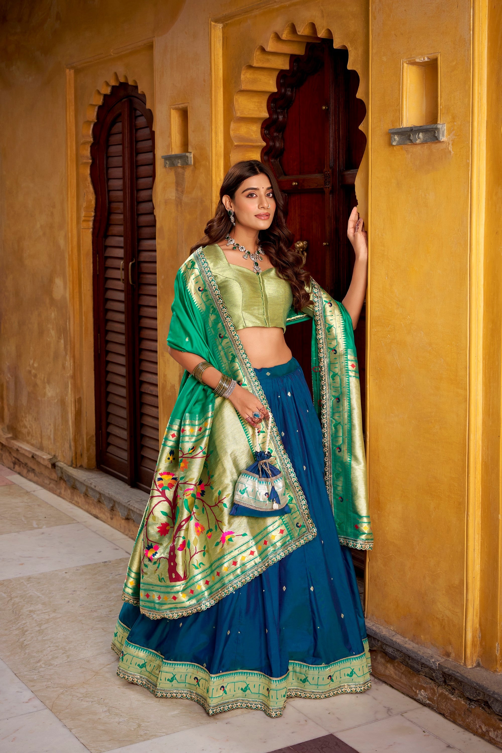 Lorenvalley Fashion Navy Blue Soft Silk Paithani Zari Weaving Work With Sequins and Thread Embroidery Scallop Lace Border Lehenga Choli with Dupatta - Distacart