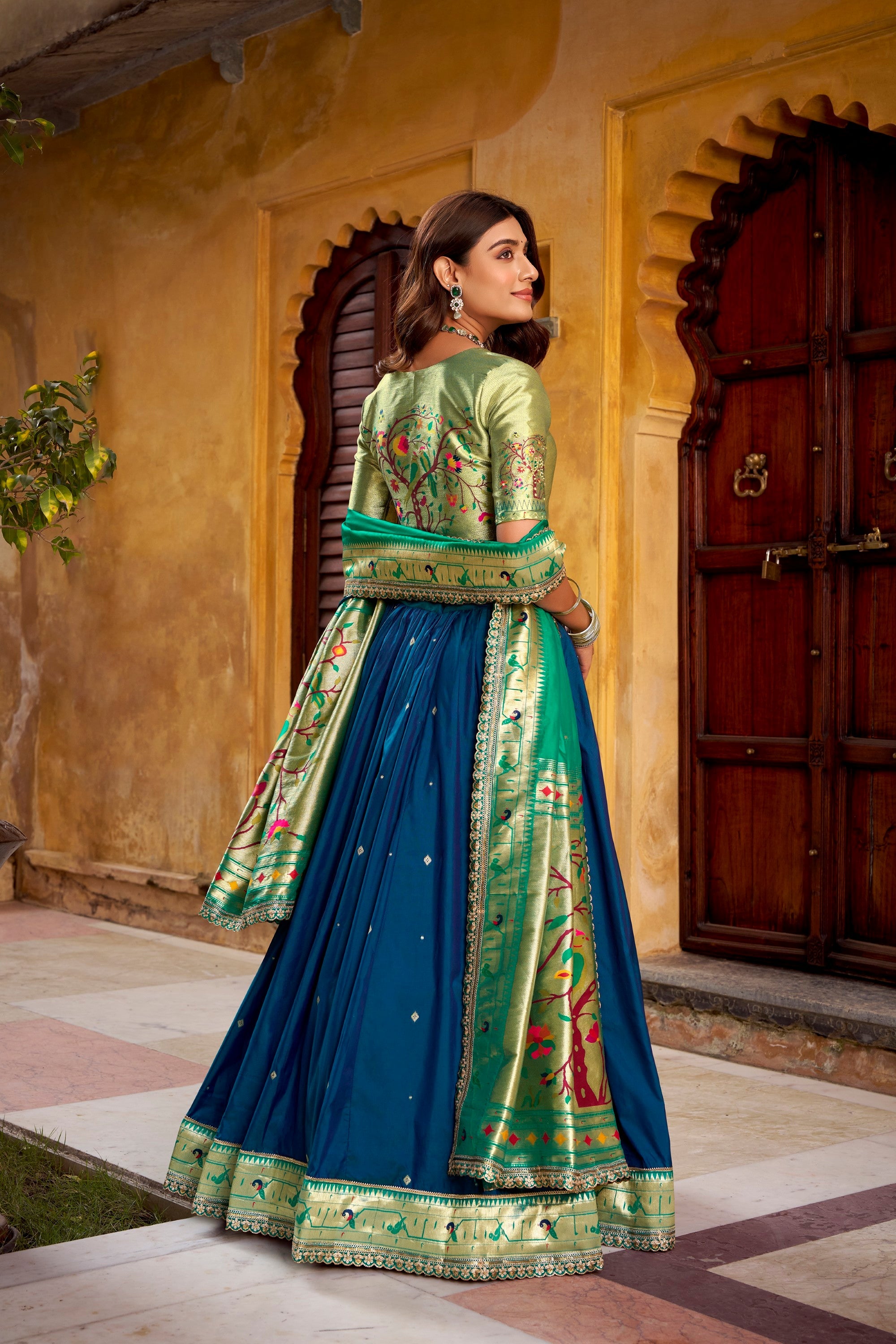Lorenvalley Fashion Navy Blue Soft Silk Paithani Zari Weaving Work With Sequins and Thread Embroidery Scallop Lace Border Lehenga Choli with Dupatta - Distacart