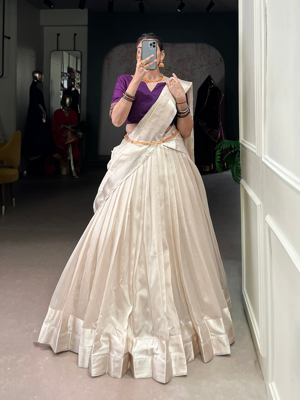 Lorenvalley Fashion White Poly Tasar Viscose Border Lehenga Choli with Dupatta