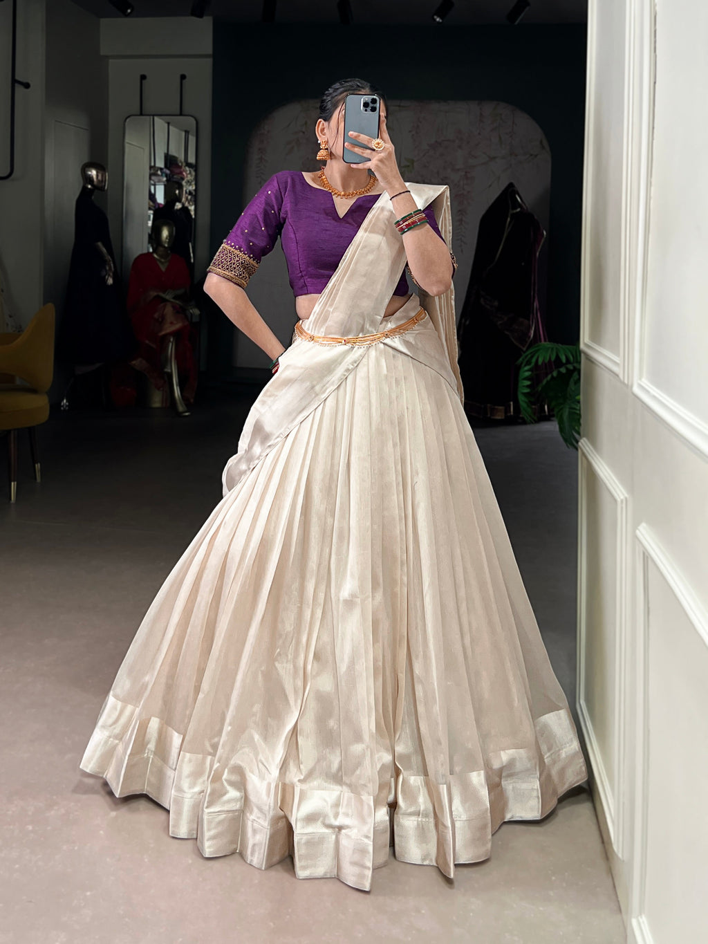 Lorenvalley Fashion White Poly Tasar Viscose Border Lehenga Choli with Dupatta