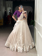 Lorenvalley Fashion White Poly Tasar Viscose Border Lehenga Choli with Dupatta