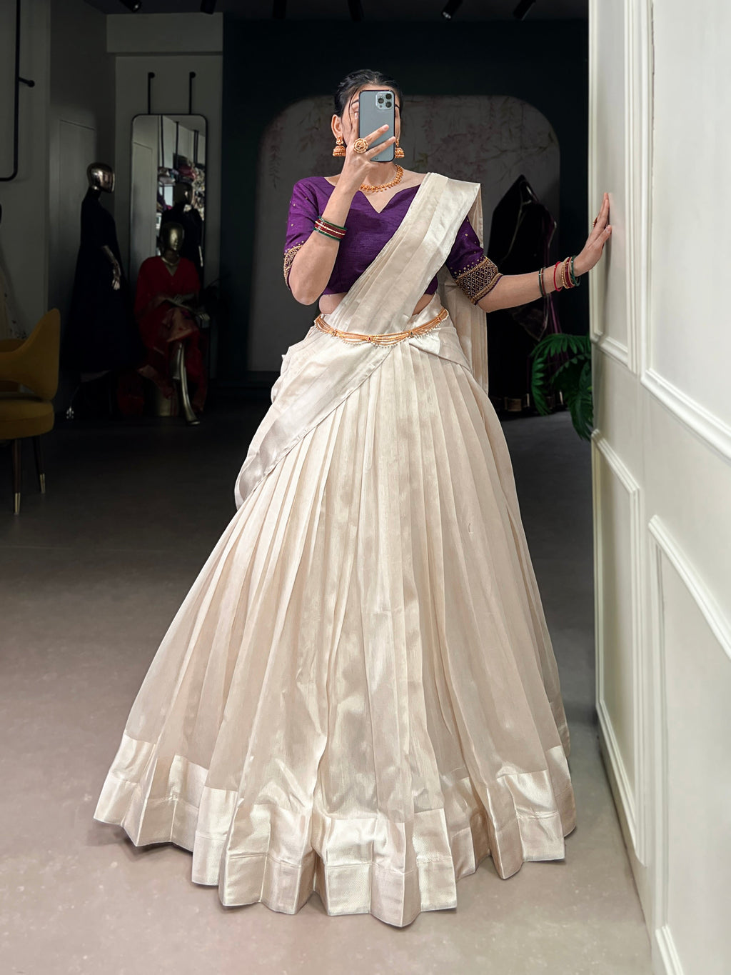 Lorenvalley Fashion White Poly Tasar Viscose Border Lehenga Choli with Dupatta