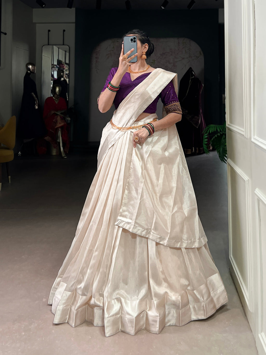 Lorenvalley Fashion White Poly Tasar Viscose Border Lehenga Choli with Dupatta