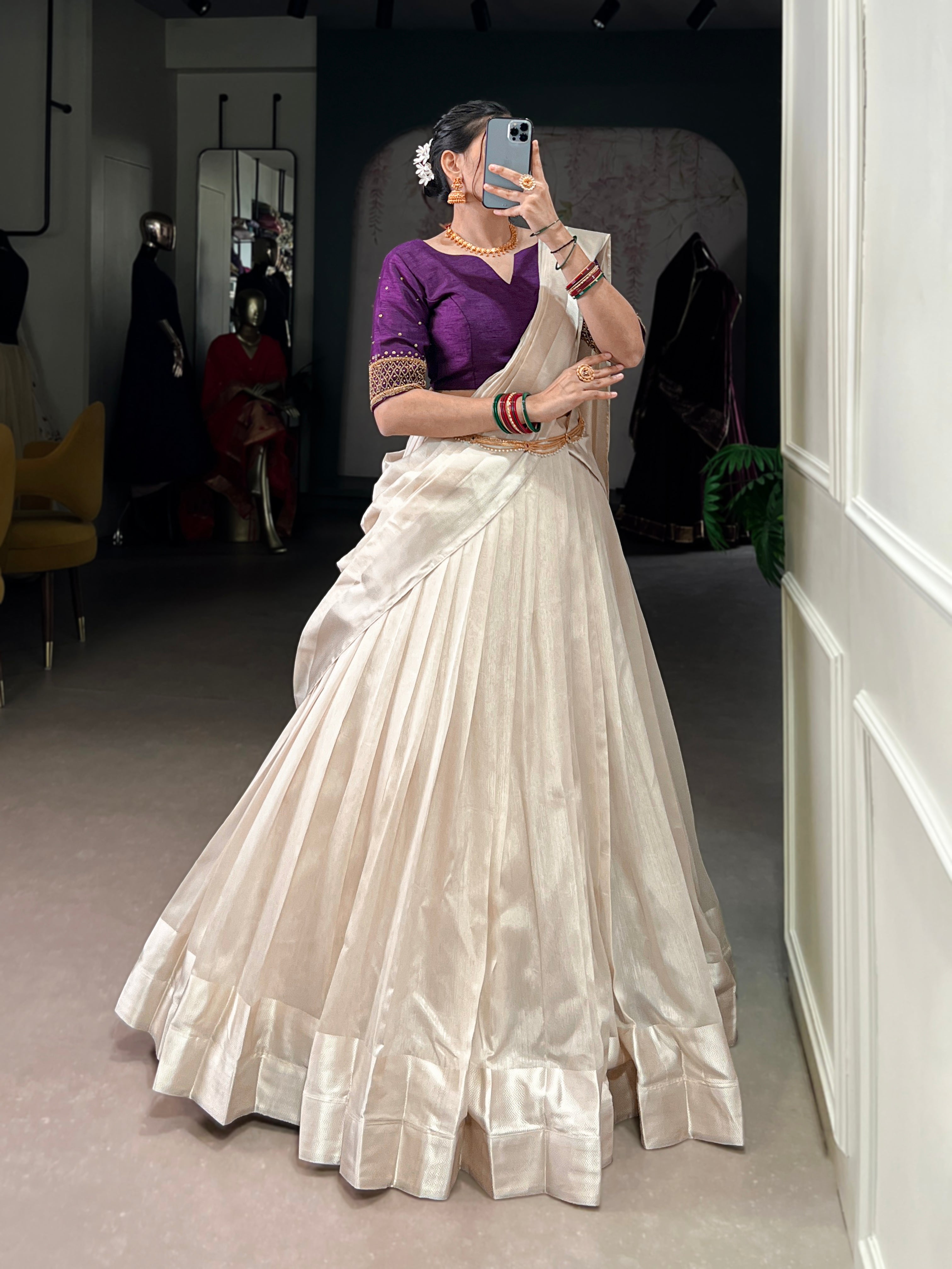 Lorenvalley Fashion White Poly Tasar Viscose Border Lehenga Choli with Dupatta