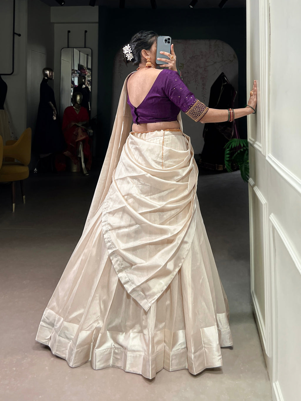 Lorenvalley Fashion White Poly Tasar Viscose Border Lehenga Choli with Dupatta