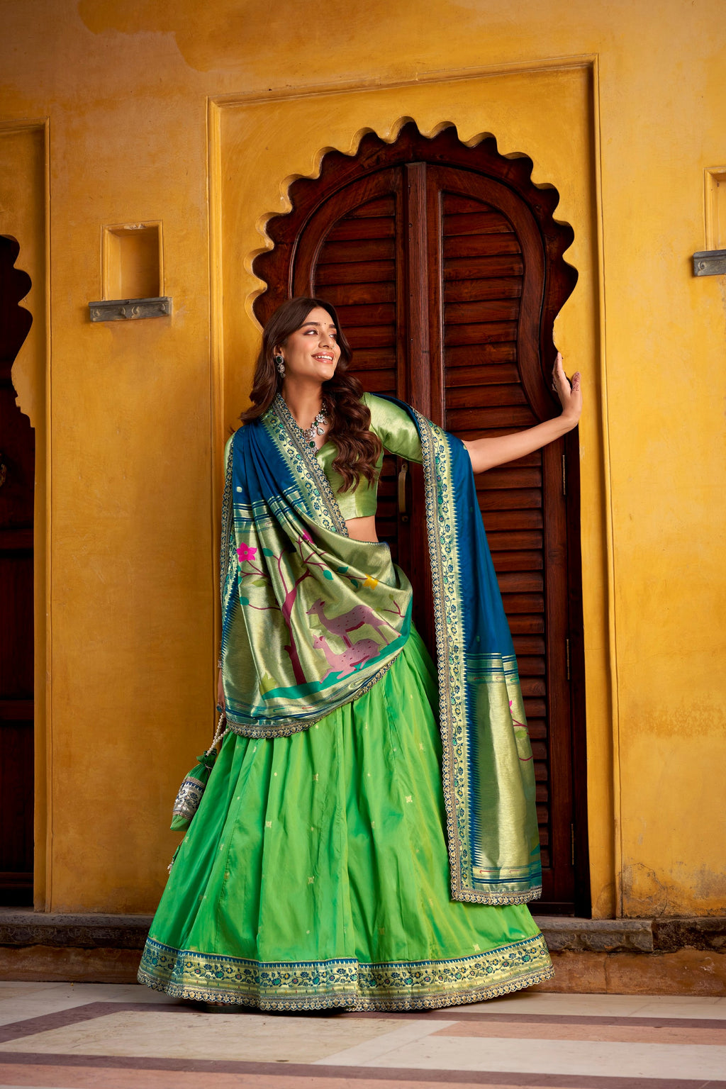 Lorenvalley Fashion Parrot Green Soft Silk Paithani Zari Weaving Work With Sequins and Thread Embroidery Scallop Lace Border Lehenga Choli with Dupatta - Distacart