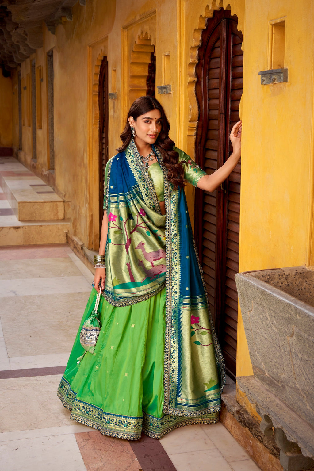 Lorenvalley Fashion Parrot Green Soft Silk Paithani Zari Weaving Work With Sequins and Thread Embroidery Scallop Lace Border Lehenga Choli with Dupatta - Distacart