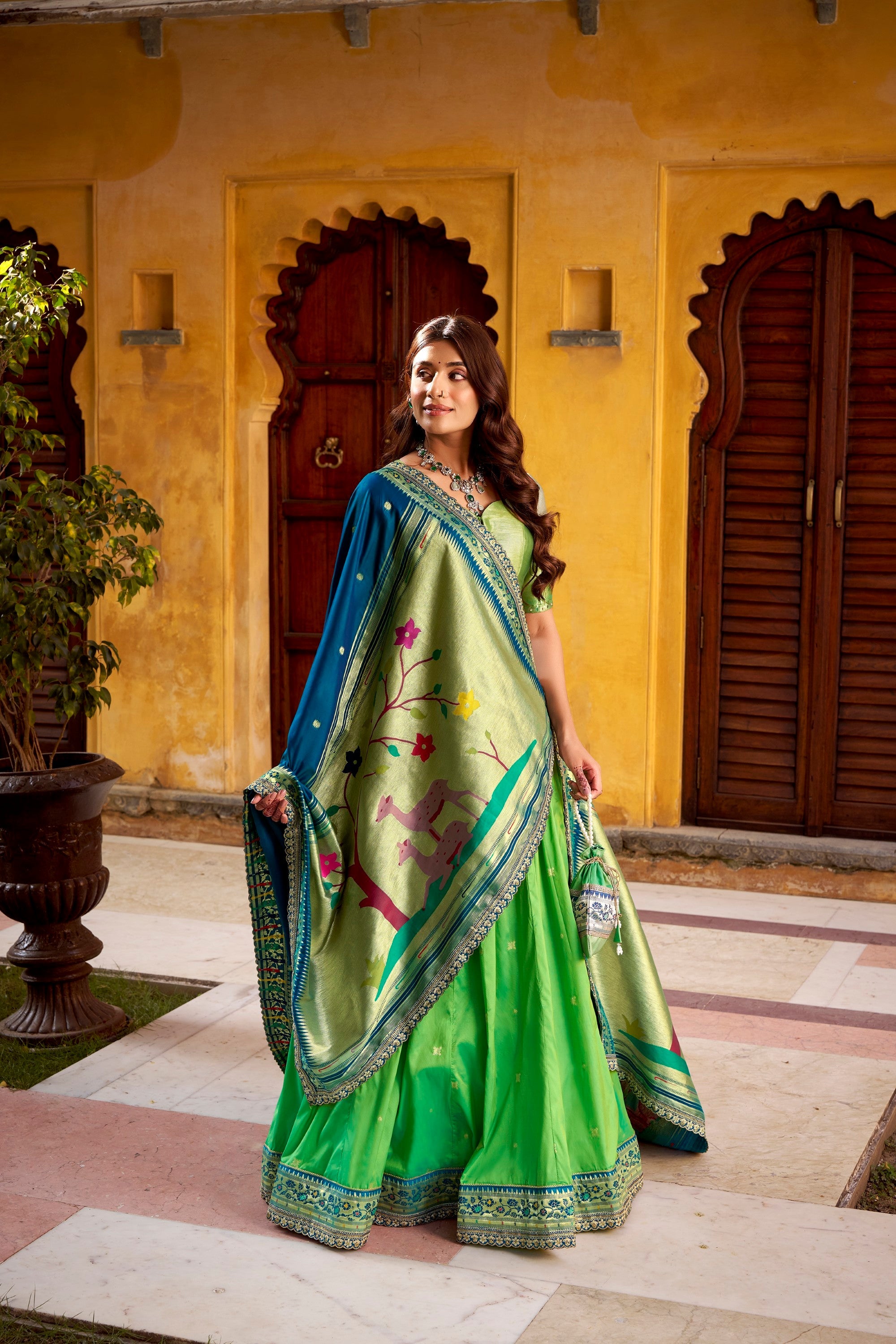 Lorenvalley Fashion Parrot Green Soft Silk Paithani Zari Weaving Work With Sequins and Thread Embroidery Scallop Lace Border Lehenga Choli with Dupatta - Distacart