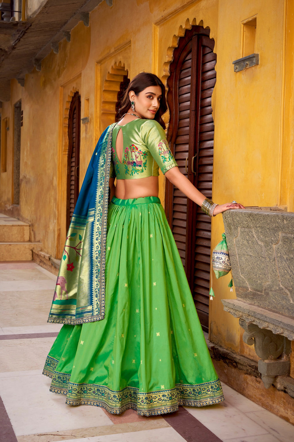 Lorenvalley Fashion Parrot Green Soft Silk Paithani Zari Weaving Work With Sequins and Thread Embroidery Scallop Lace Border Lehenga Choli with Dupatta - Distacart
