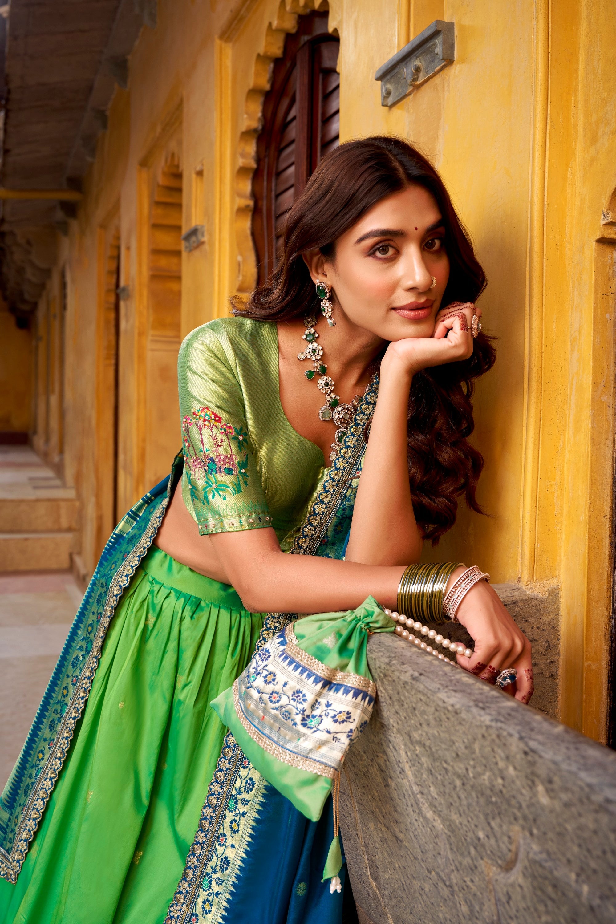 Lorenvalley Fashion Parrot Green Soft Silk Paithani Zari Weaving Work With Sequins and Thread Embroidery Scallop Lace Border Lehenga Choli with Dupatta - Distacart