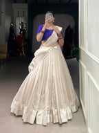 Lorenvalley Fashion White Poly Tasar Viscose Border Lehenga Choli with Dupatta