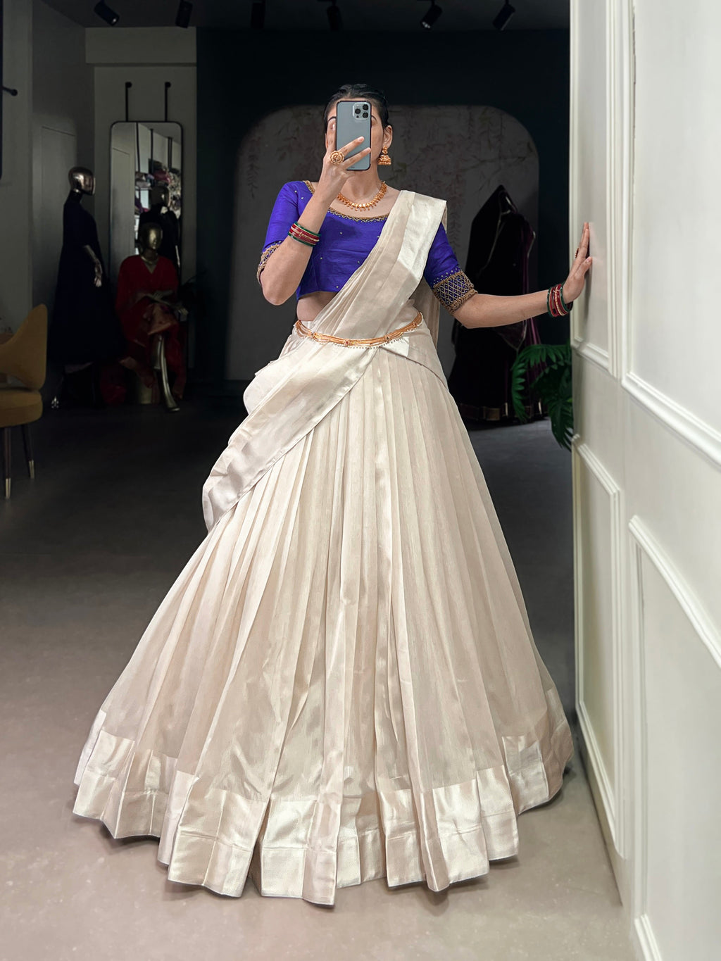Lorenvalley Fashion White Poly Tasar Viscose Border Lehenga Choli with Dupatta