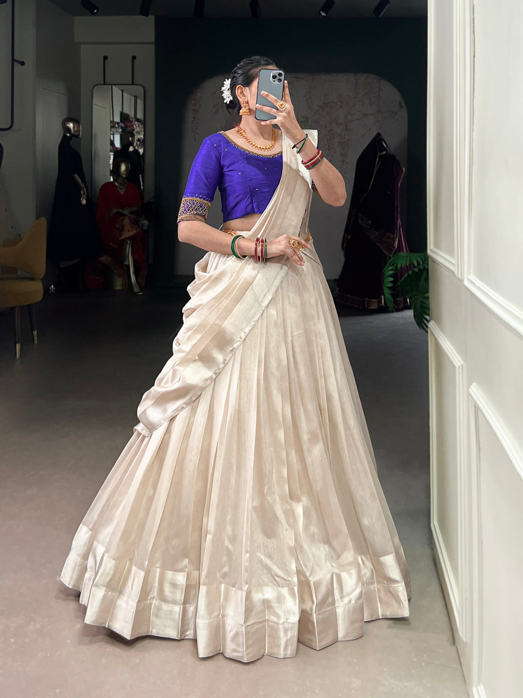 Lorenvalley Fashion White Poly Tasar Viscose Border Lehenga Choli with Dupatta