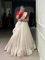 Lorenvalley Fashion White Poly Tasar Viscose Border Lehenga Choli with Dupatta