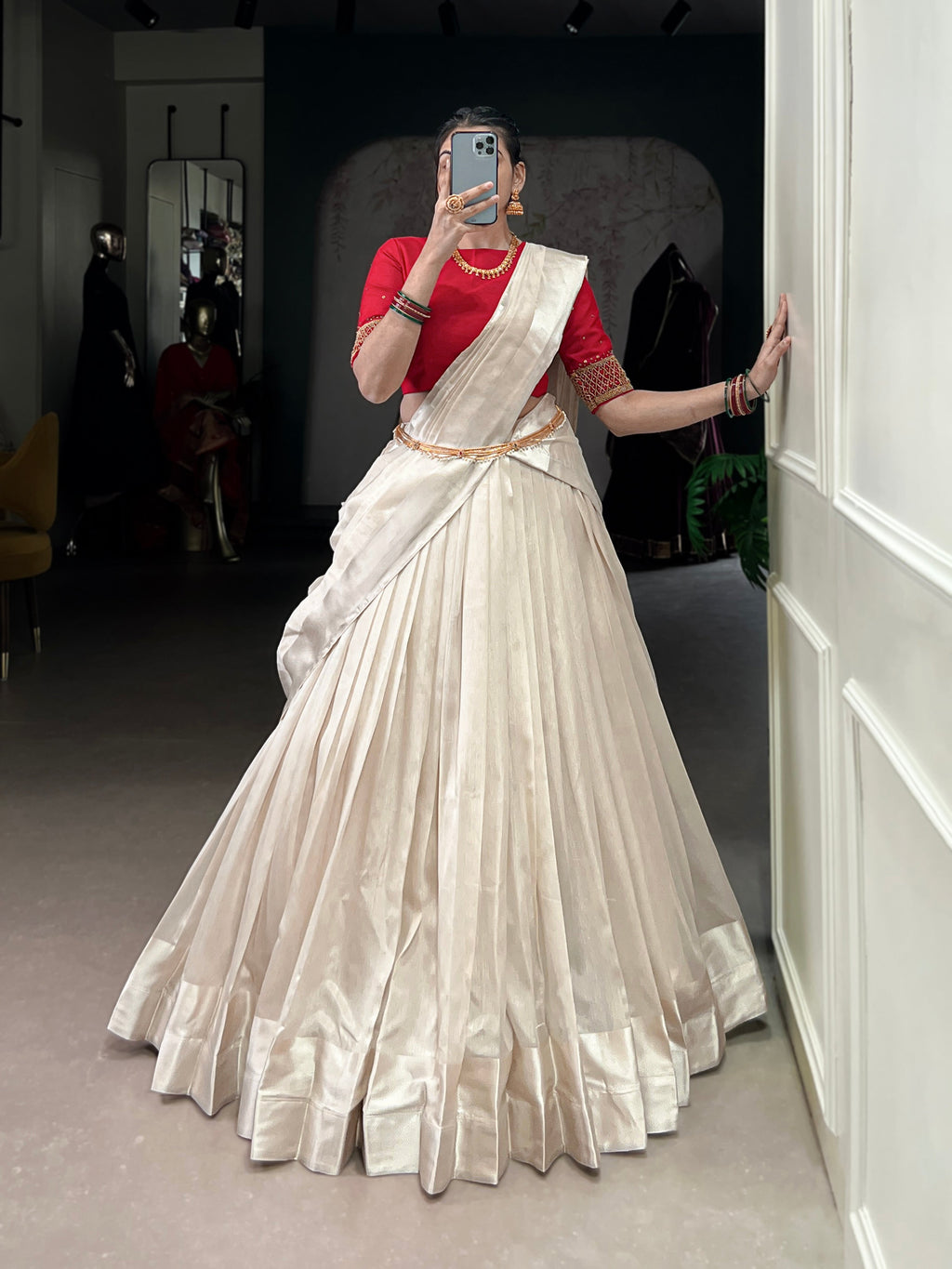 Lorenvalley Fashion White Poly Tasar Viscose Border Lehenga Choli with Dupatta