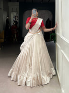 Lorenvalley Fashion White Poly Tasar Viscose Border Lehenga Choli with Dupatta