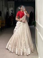 Lorenvalley Fashion White Poly Tasar Viscose Border Lehenga Choli with Dupatta
