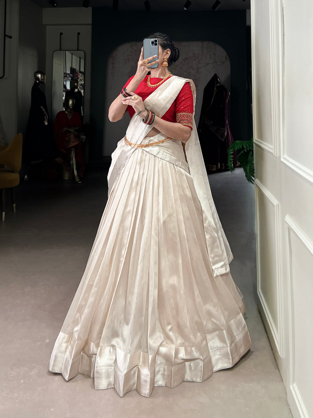Lorenvalley Fashion White Poly Tasar Viscose Border Lehenga Choli with Dupatta