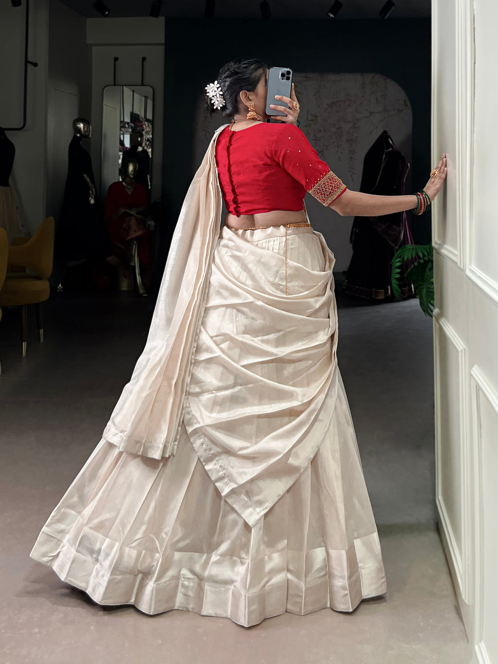 Lorenvalley Fashion White Poly Tasar Viscose Border Lehenga Choli with Dupatta