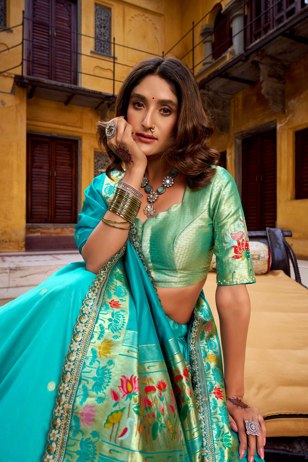 Lorenvalley Fashion Skyblue Soft Silk Paithani Zari Weaving Work With Sequins and Thread Embroidery Scallop Lace Border Lehenga Choli with Dupatta - Distacart