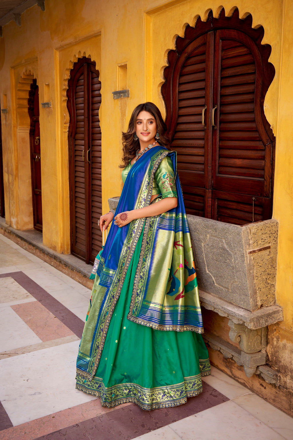 Lorenvalley Fashion Teal Soft Silk Paithani Zari Weaving Work With Sequins and Thread Embroidery Scallop Lace Border Lehenga Choli with Dupatta - Distacart