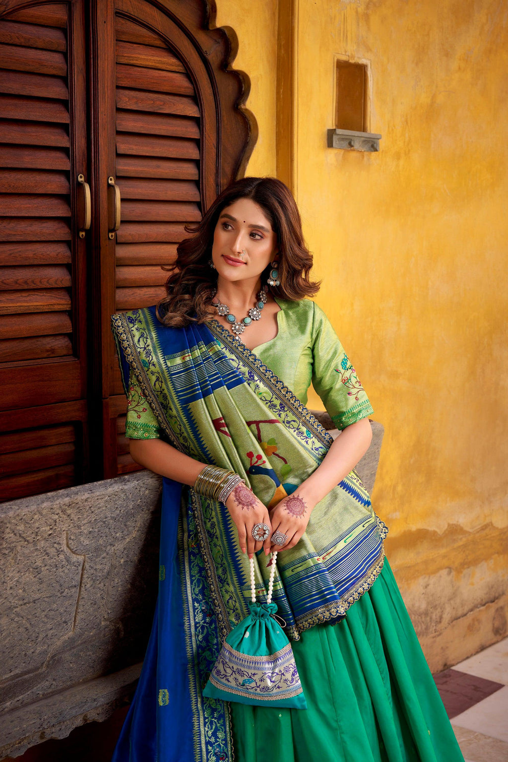 Lorenvalley Fashion Teal Soft Silk Paithani Zari Weaving Work With Sequins and Thread Embroidery Scallop Lace Border Lehenga Choli with Dupatta - Distacart