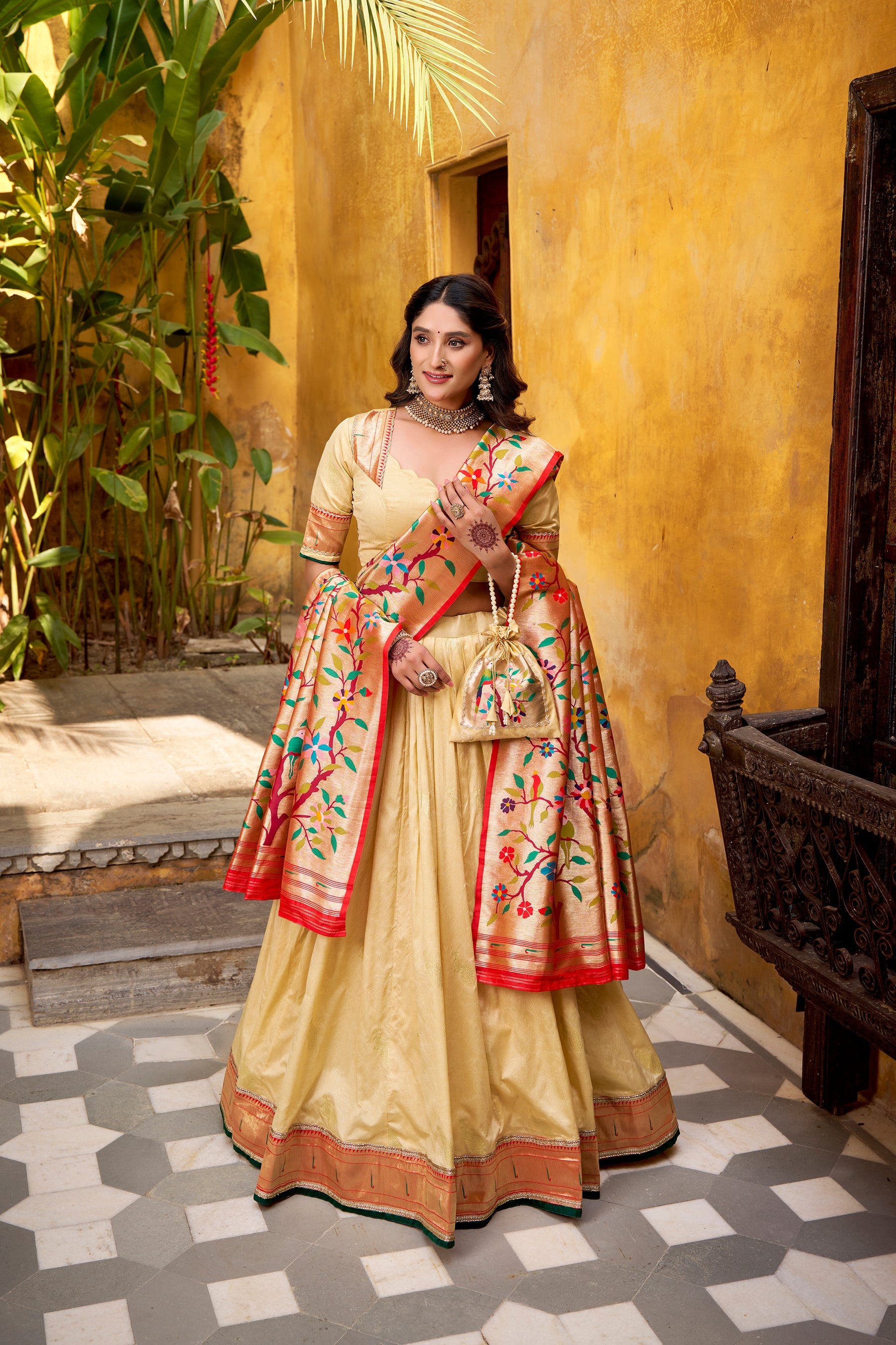 Lorenvalley Fashion Cream Silk Paithani Zari Weaving Work With Lace Border Lehenga Choli with Dupatta - Distacart
