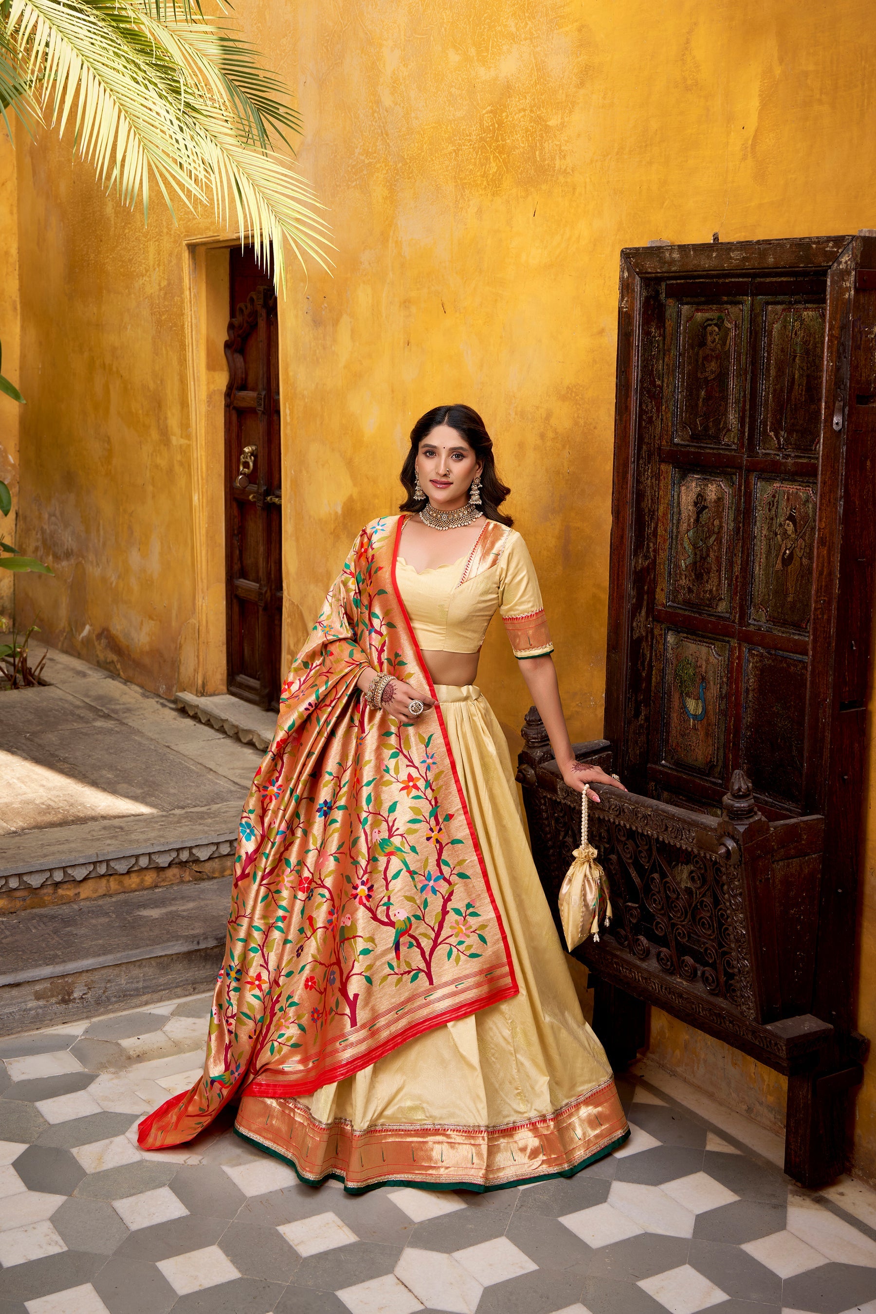 Lorenvalley Fashion Cream Silk Paithani Zari Weaving Work With Lace Border Lehenga Choli with Dupatta - Distacart