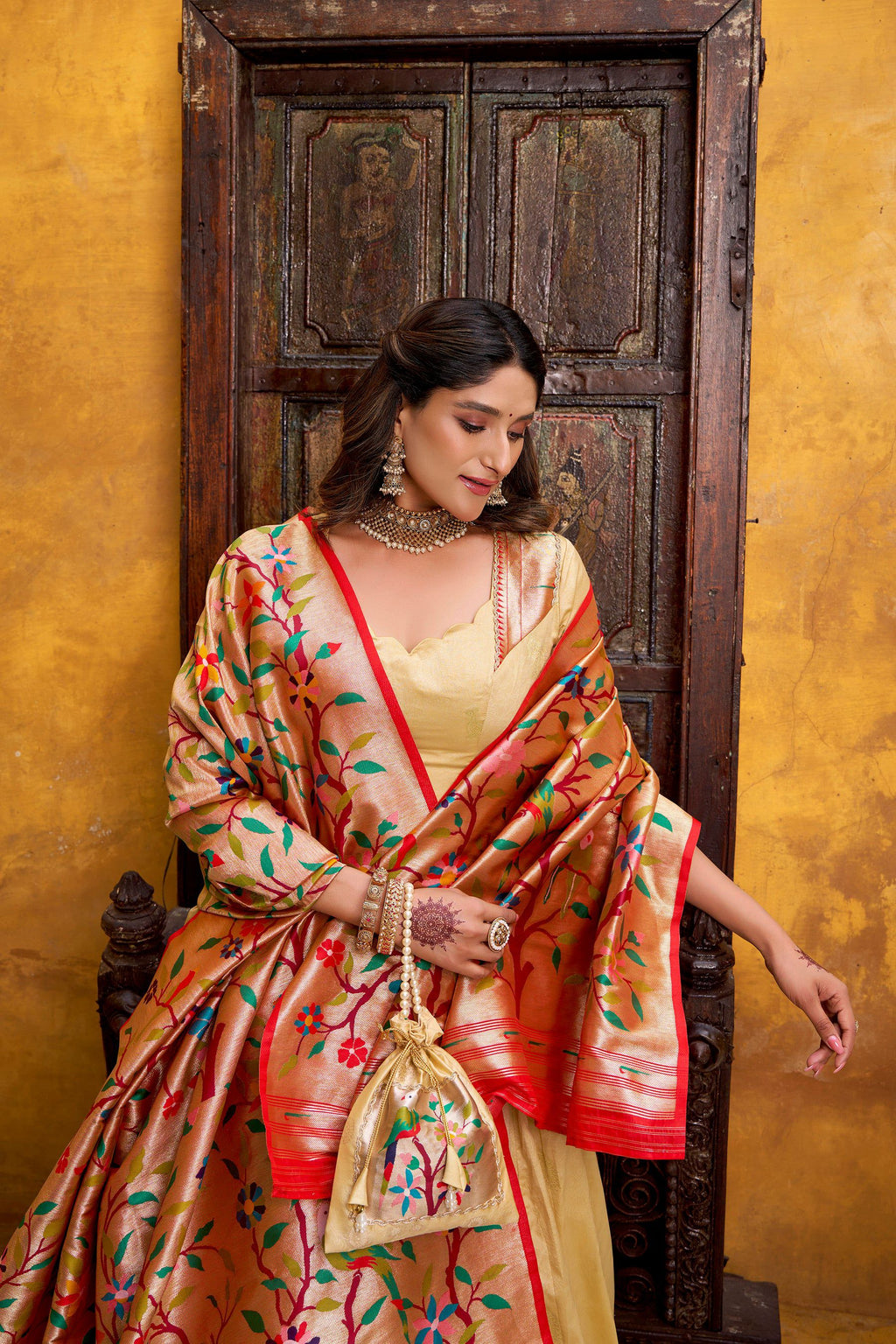 Lorenvalley Fashion Cream Silk Paithani Zari Weaving Work With Lace Border Lehenga Choli with Dupatta - Distacart