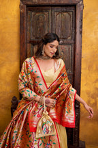Lorenvalley Fashion Cream Silk Paithani Zari Weaving Work With Lace Border Lehenga Choli with Dupatta - Distacart