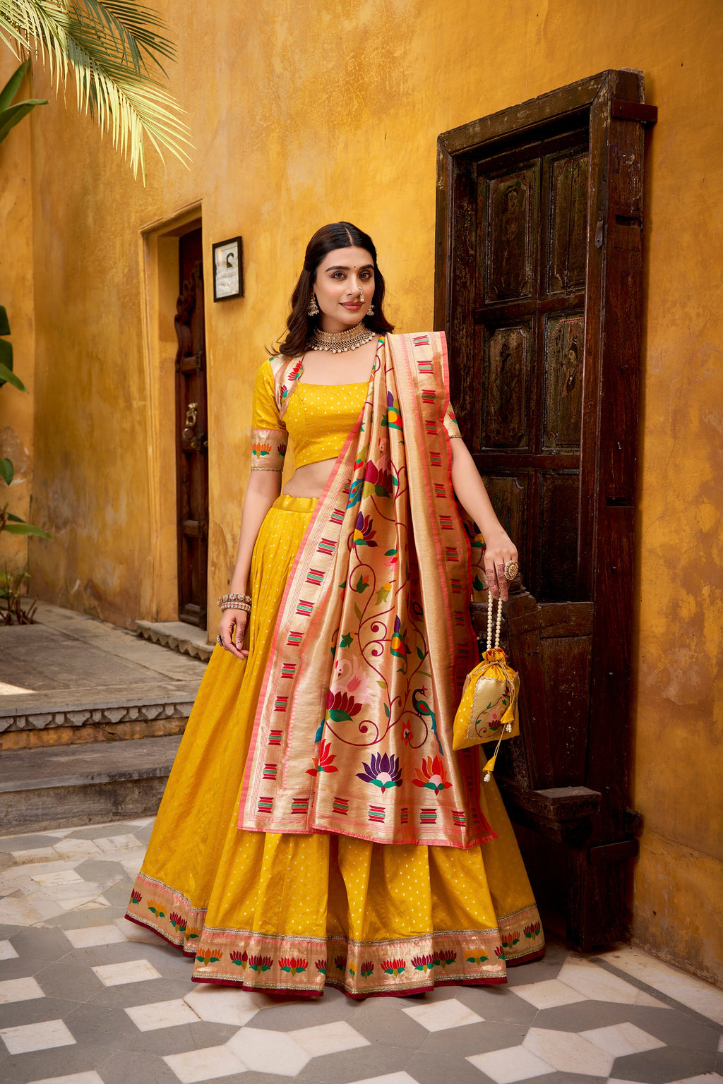 Lorenvalley Fashion Yellow Silk Paithani Zari Weaving Work With Lace Border Lehenga Choli with Dupatta - Distacart