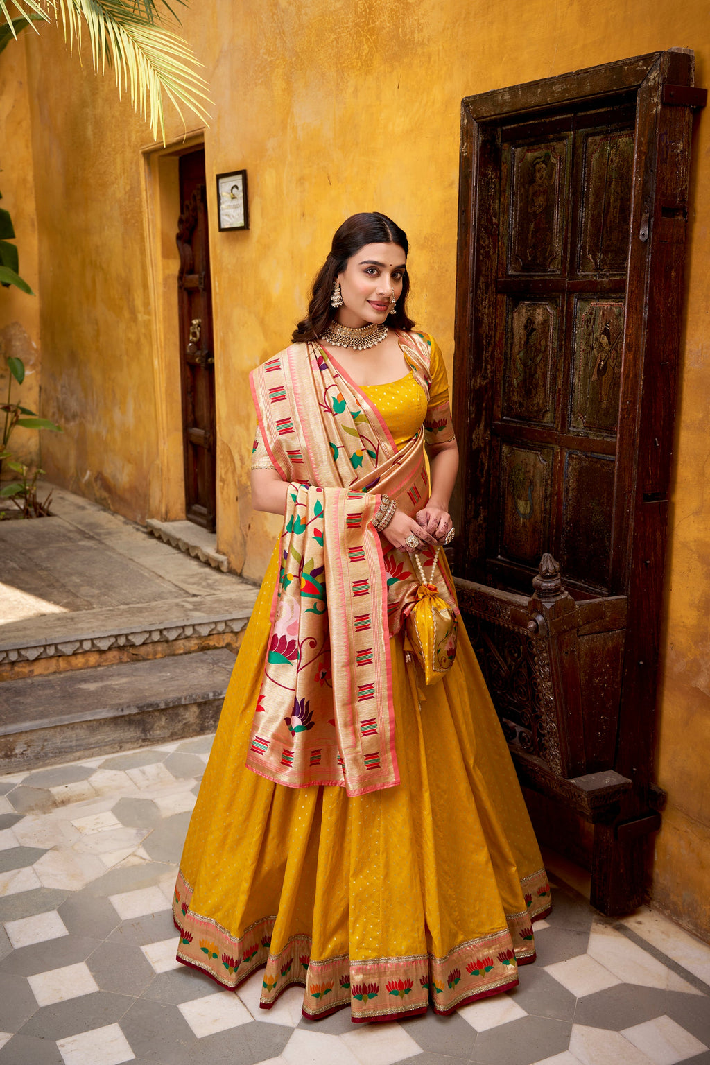 Lorenvalley Fashion Yellow Silk Paithani Zari Weaving Work With Lace Border Lehenga Choli with Dupatta - Distacart