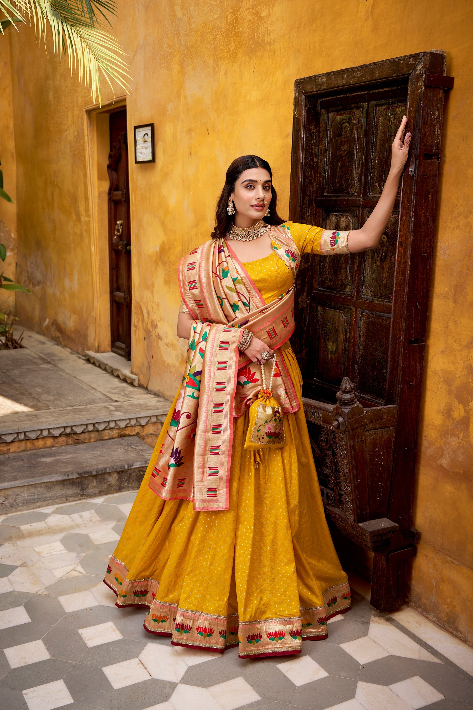 Lorenvalley Fashion Yellow Silk Paithani Zari Weaving Work With Lace Border Lehenga Choli with Dupatta - Distacart