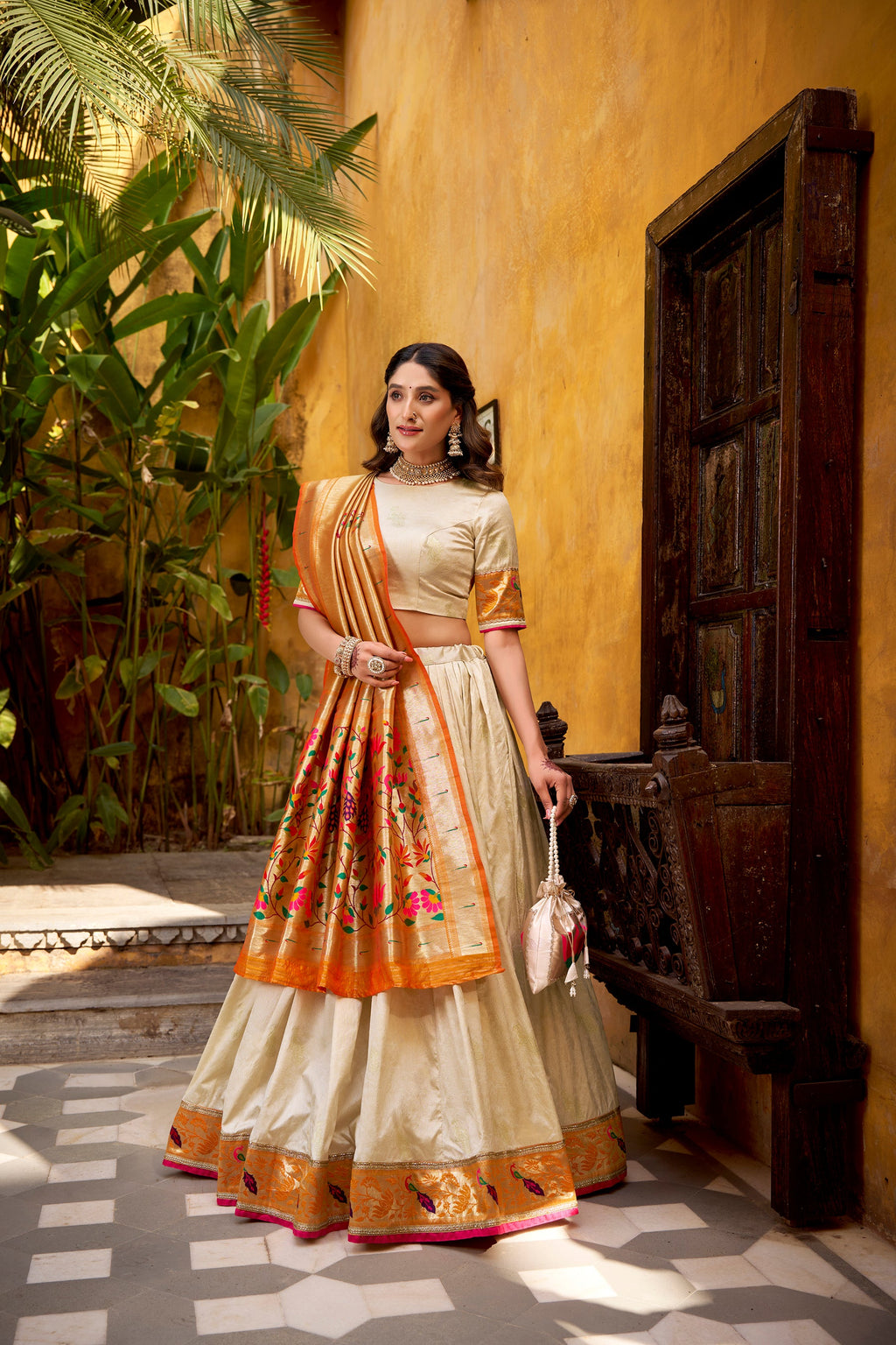 Lorenvalley Fashion Off White Silk Paithani Zari Weaving Work With Lace Border Lehenga Choli with Dupatta - Distacart