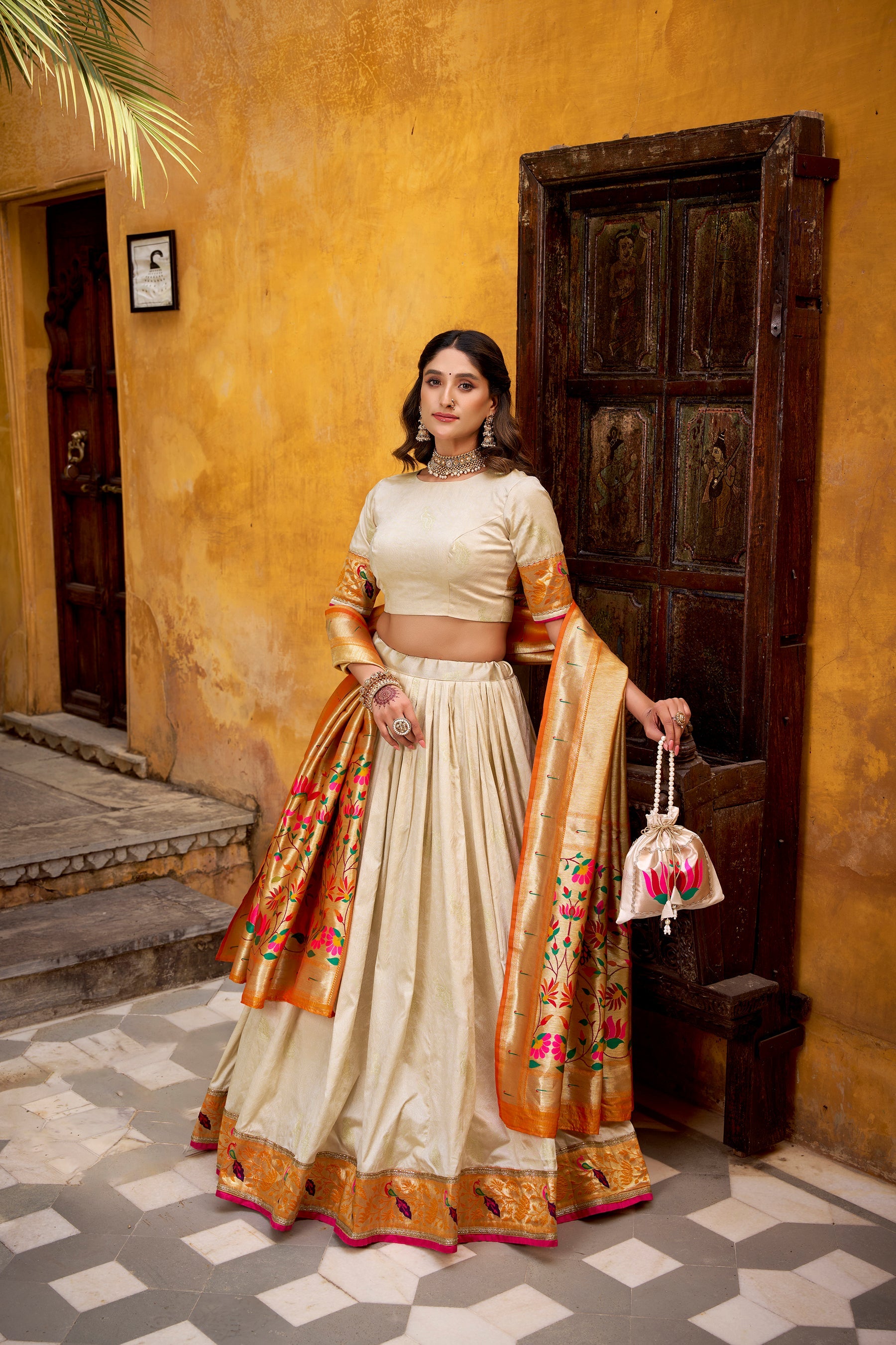 Lorenvalley Fashion Off White Silk Paithani Zari Weaving Work With Lace Border Lehenga Choli with Dupatta - Distacart