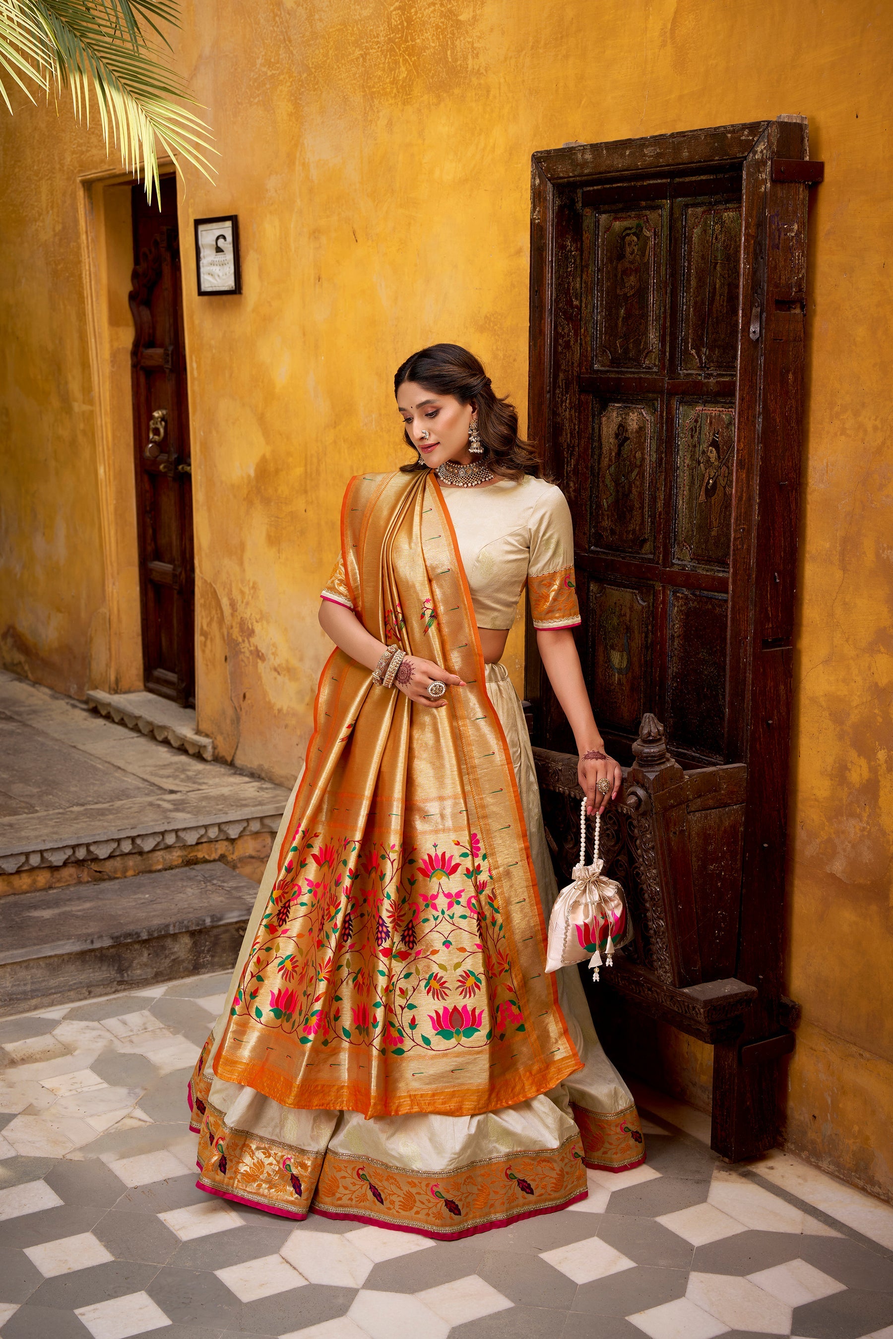 Lorenvalley Fashion Off White Silk Paithani Zari Weaving Work With Lace Border Lehenga Choli with Dupatta - Distacart