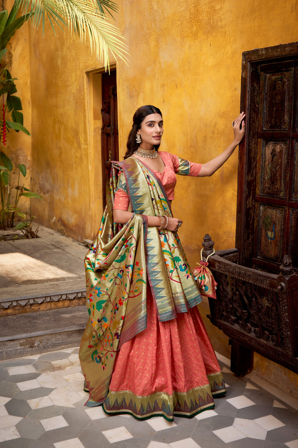 Lorenvalley Fashion Peach Silk Paithani Zari Weaving Work With Lace Border Lehenga Choli with Dupatta - Distacart