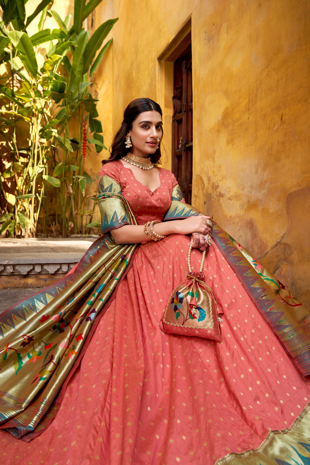 Lorenvalley Fashion Peach Silk Paithani Zari Weaving Work With Lace Border Lehenga Choli with Dupatta - Distacart