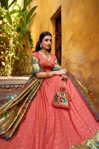 Lorenvalley Fashion Peach Silk Paithani Zari Weaving Work With Lace Border Lehenga Choli with Dupatta - Distacart