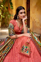 Lorenvalley Fashion Peach Silk Paithani Zari Weaving Work With Lace Border Lehenga Choli with Dupatta - Distacart
