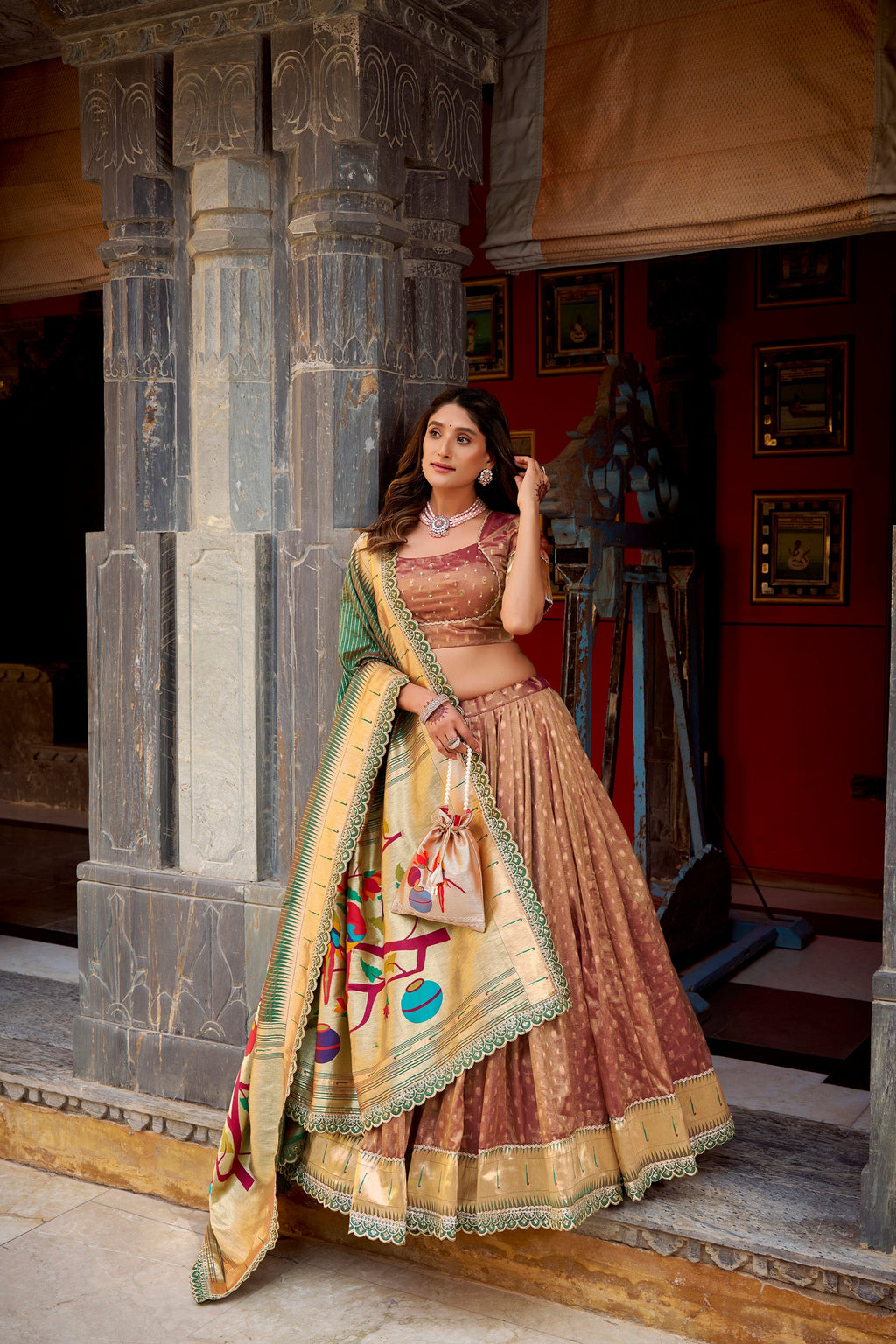 Lorenvalley Fashion Brown Simmer Organza Zari Weaving Work With Lace Border Lehenga Choli with Dupatta - Distacart