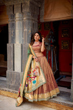 Lorenvalley Fashion Brown Simmer Organza Zari Weaving Work With Lace Border Lehenga Choli with Dupatta - Distacart