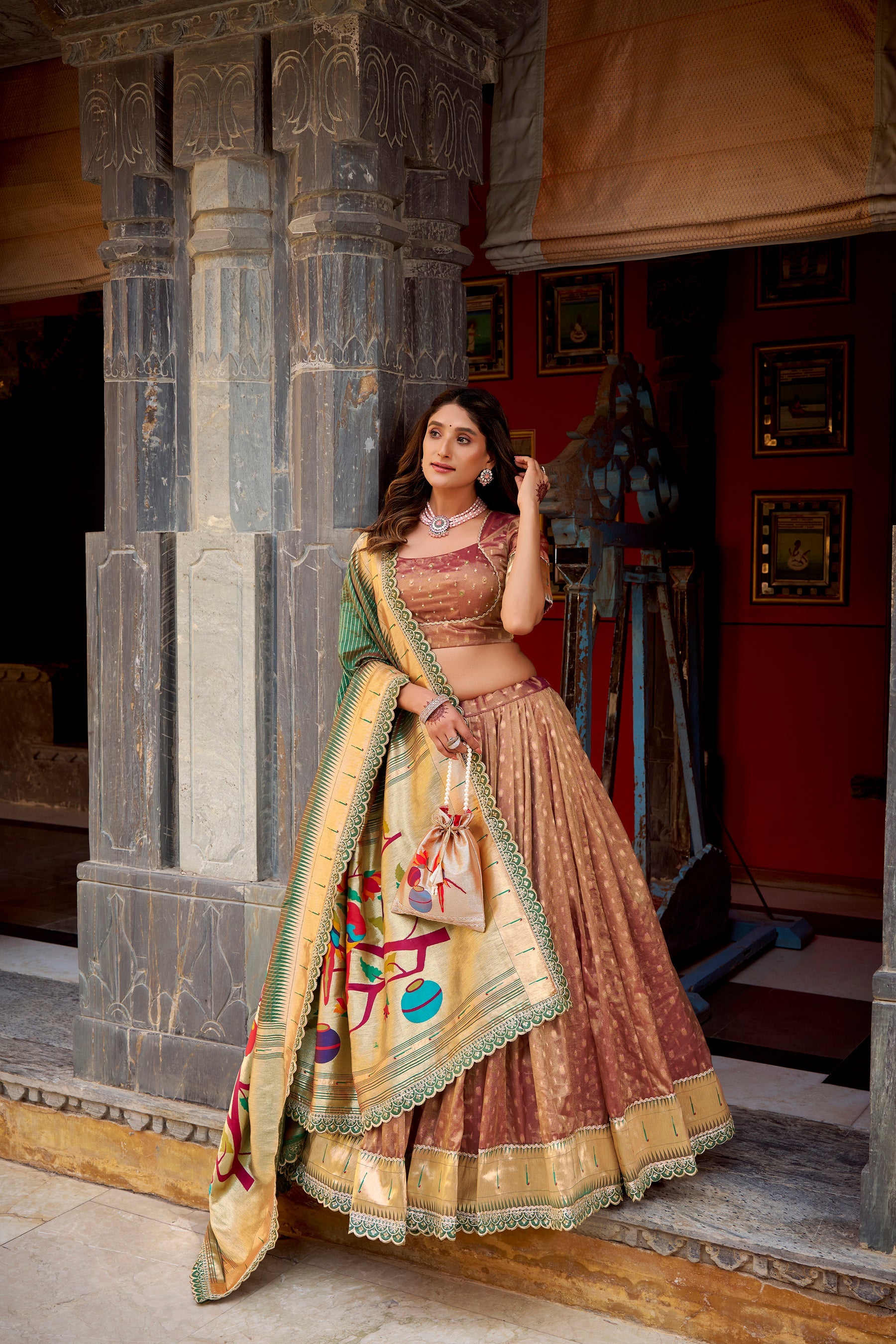 Lorenvalley Fashion Brown Simmer Organza Zari Weaving Work With Lace Border Lehenga Choli with Dupatta - Distacart