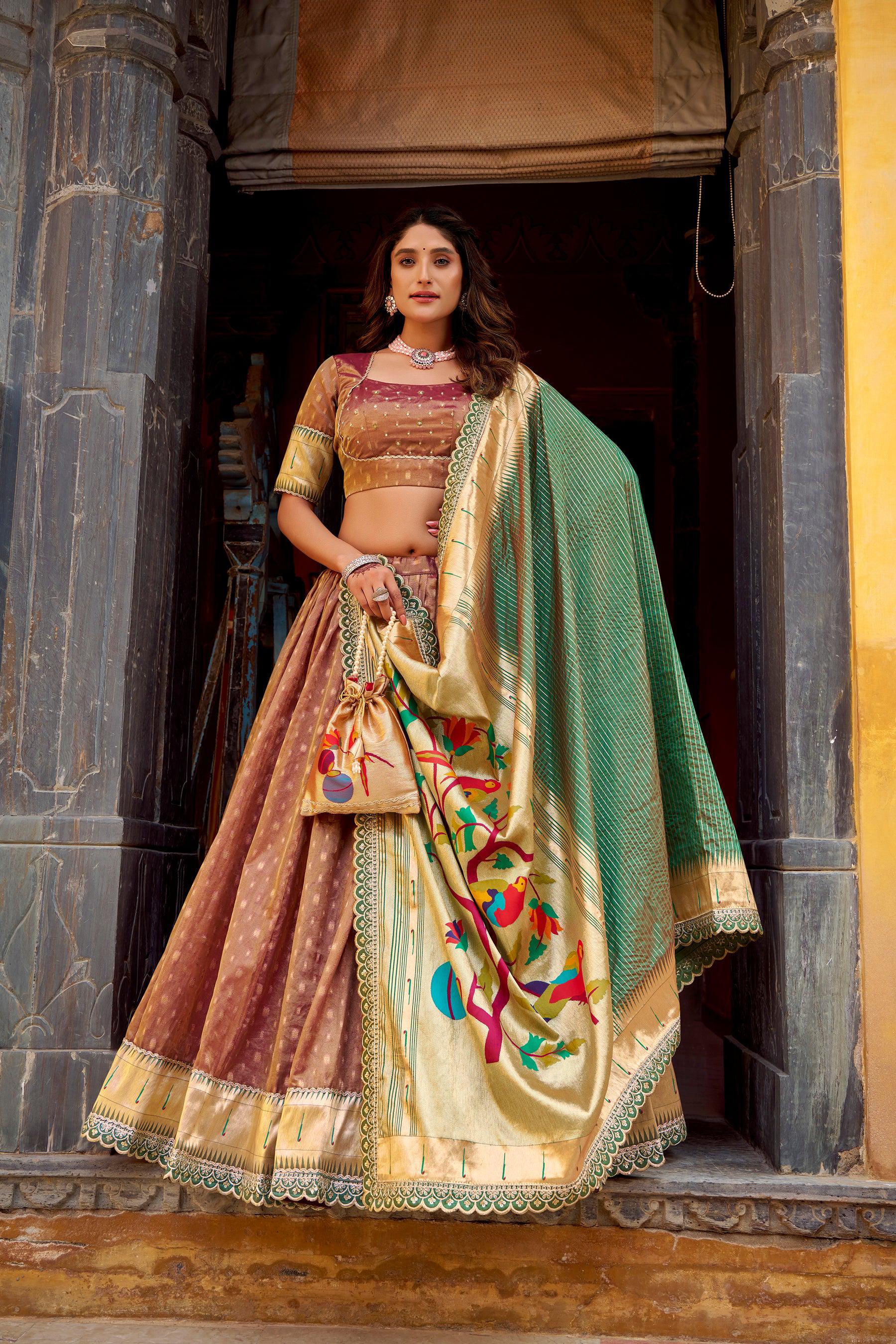 Lorenvalley Fashion Brown Simmer Organza Zari Weaving Work With Lace Border Lehenga Choli with Dupatta - Distacart